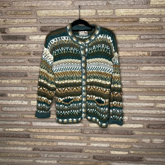 The Alpaca Connection Vintage Tribal Ethnic Print Cardigan Sweater Peru - Picture 1 of 7